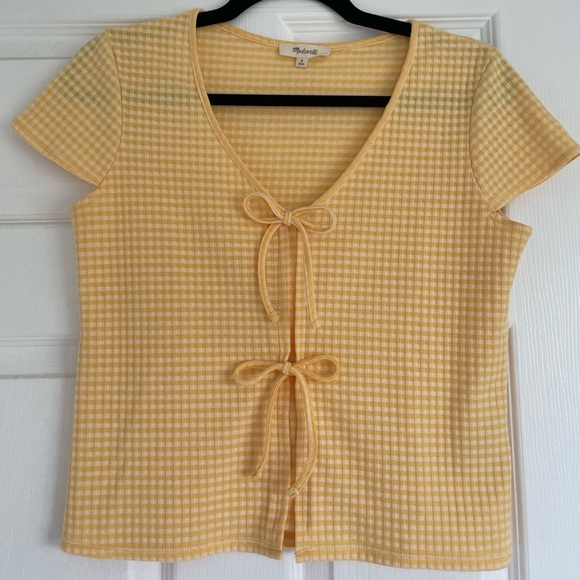 Madewell Atoboy Gingham Top Bow Front Tee Yellow Plaid - Picture 3 of 5
